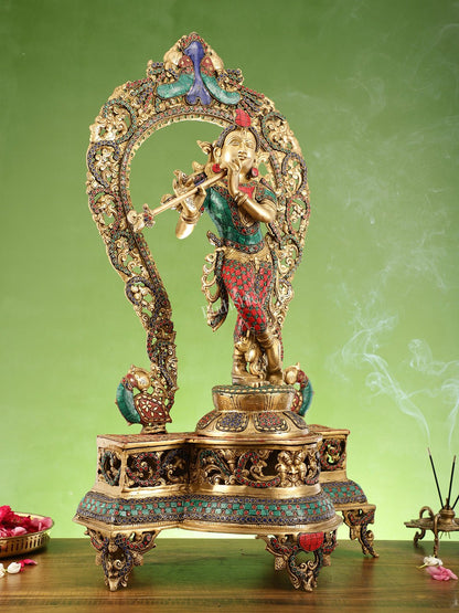 Brass Superfine Krishna with Prabhavali sculpture 31" - Budhshiv.com