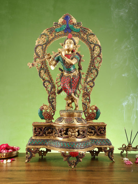 Brass Superfine Krishna with Prabhavali sculpture 31" - Budhshiv.com