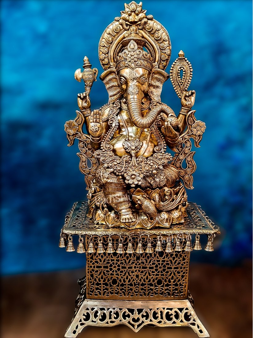 Brass Superfine Large Ganesha Statue with a brass stool - Budhshiv.com