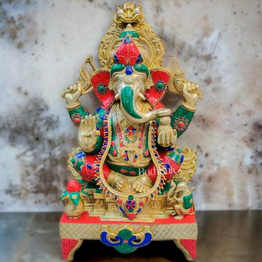 Brass Superfine large Ganesha Statue with Stonework 35" - Budhshiv.com