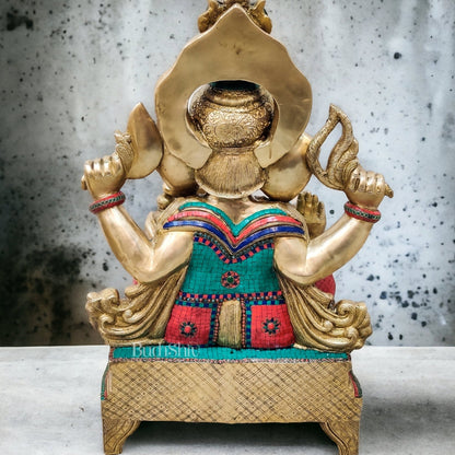 Brass Superfine large Ganesha Statue with Stonework 35" - Budhshiv.com