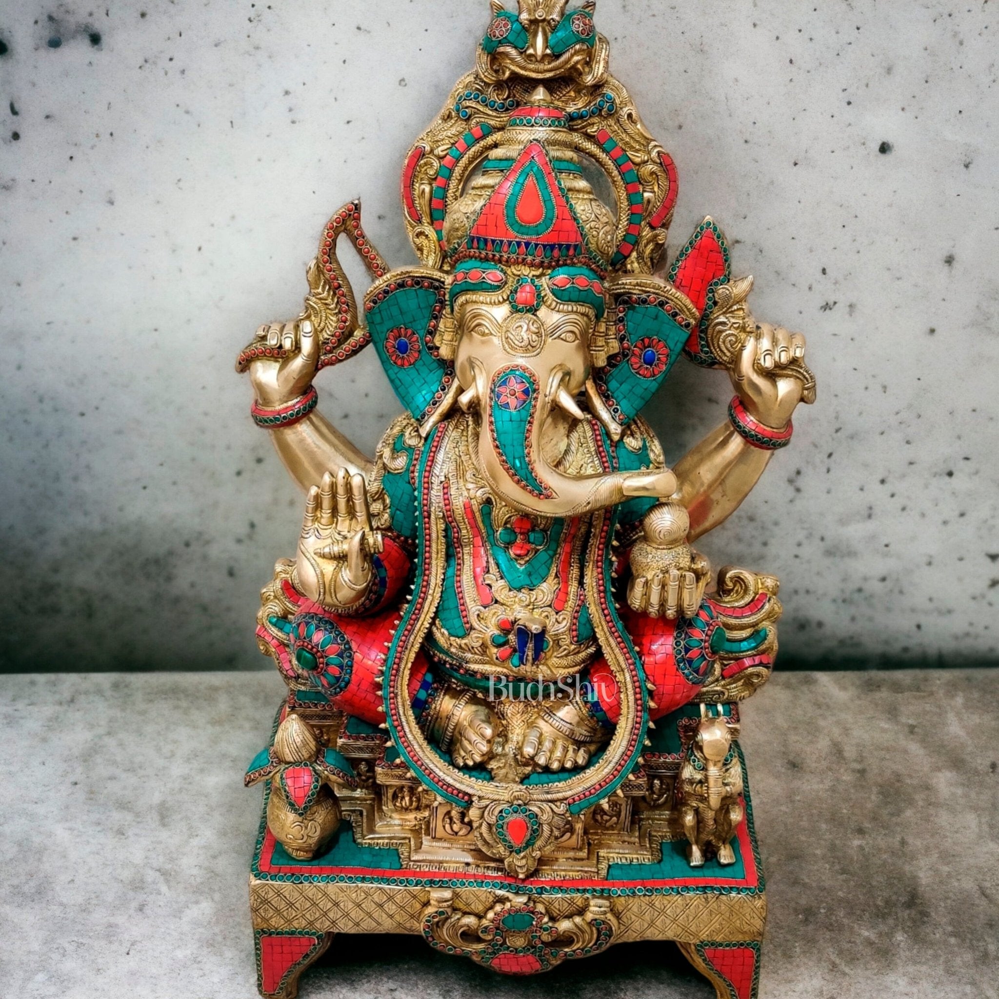 Brass Superfine Large Ganesha Statue With Stonework 35" – Budhshiv.com