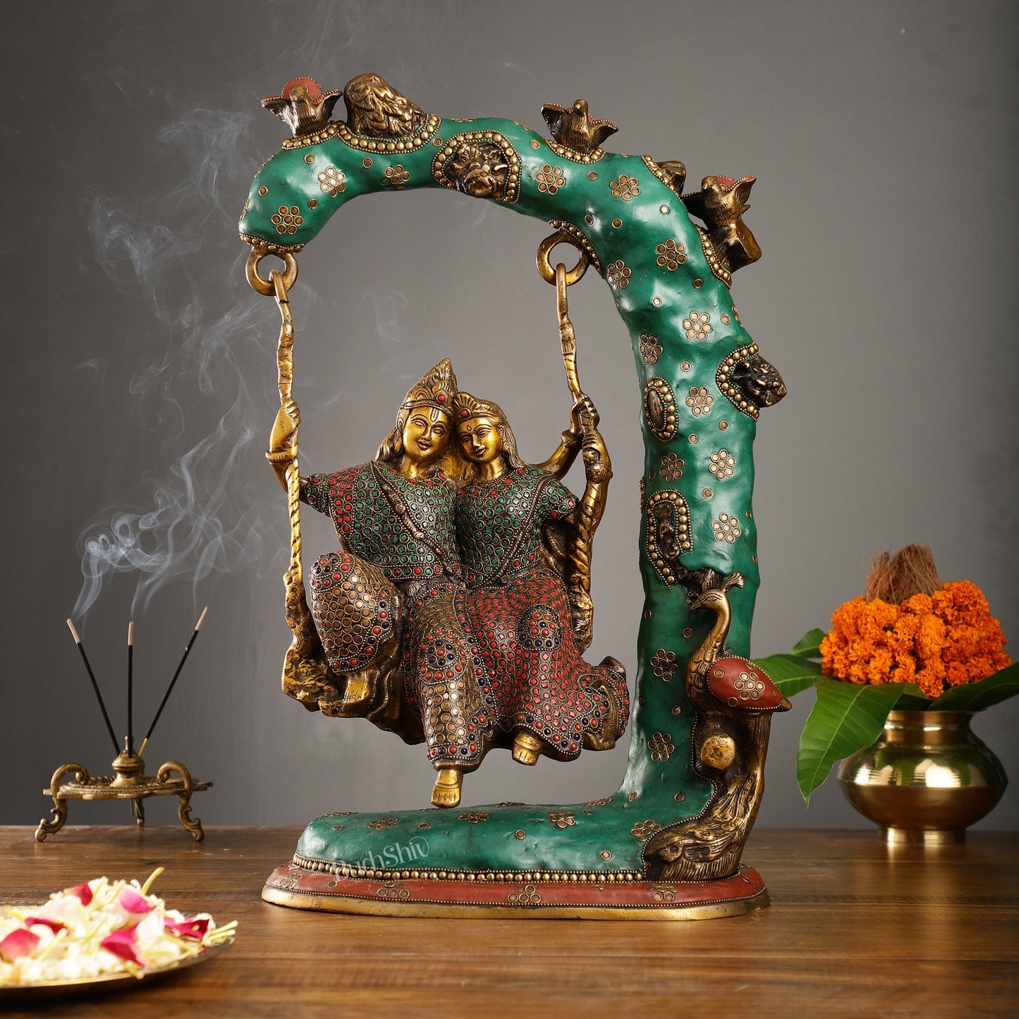 Brass Superfine Large Sized Radha krishna on a swing 23" - Budhshiv.com