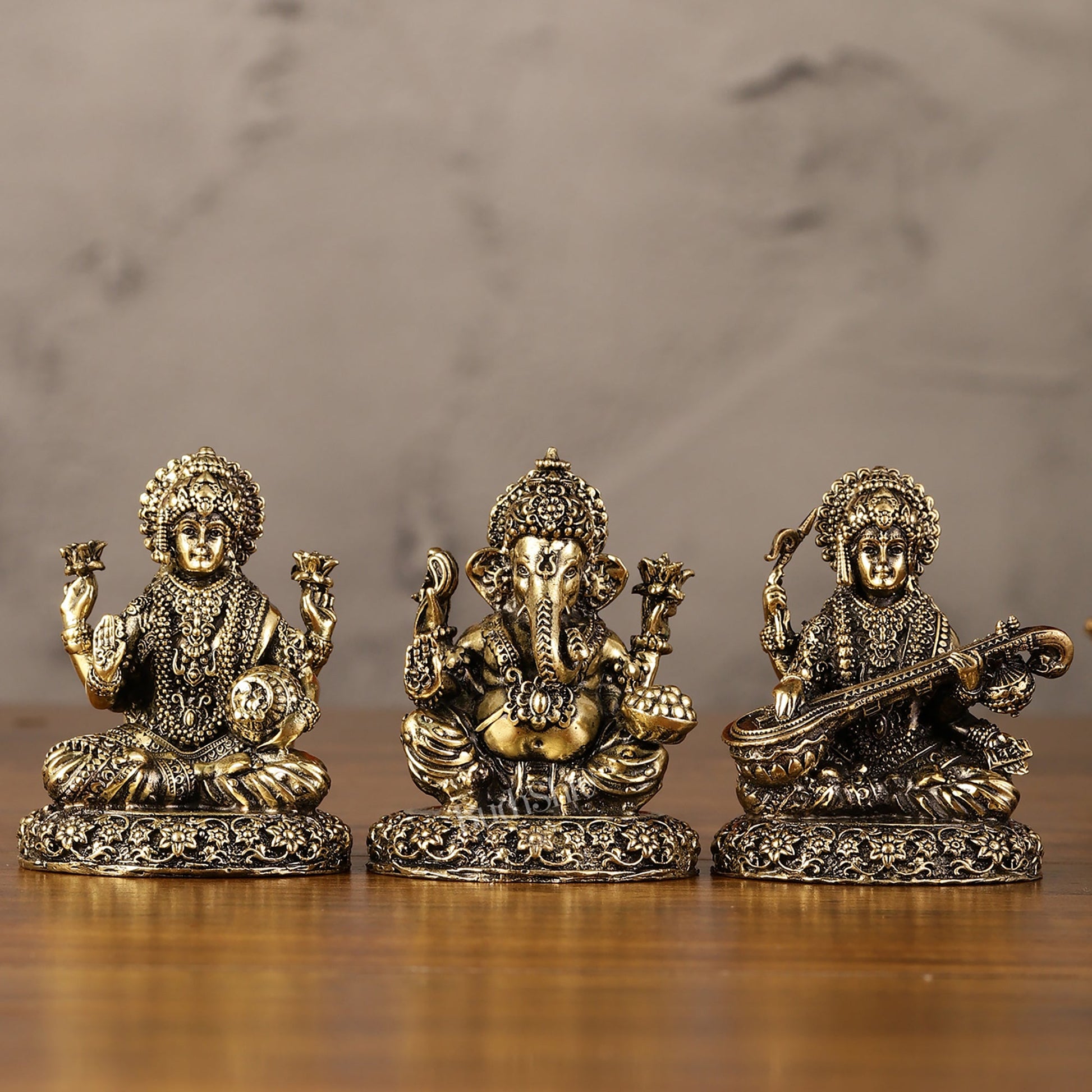 Brass Superfine Lightweight Intricate Ganesh Lakshmi Saraswati Idols - 3" - Budhshiv.com