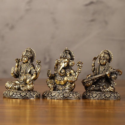 Brass Superfine Lightweight Intricate Ganesh Lakshmi Saraswati Idols - 3" - Budhshiv.com