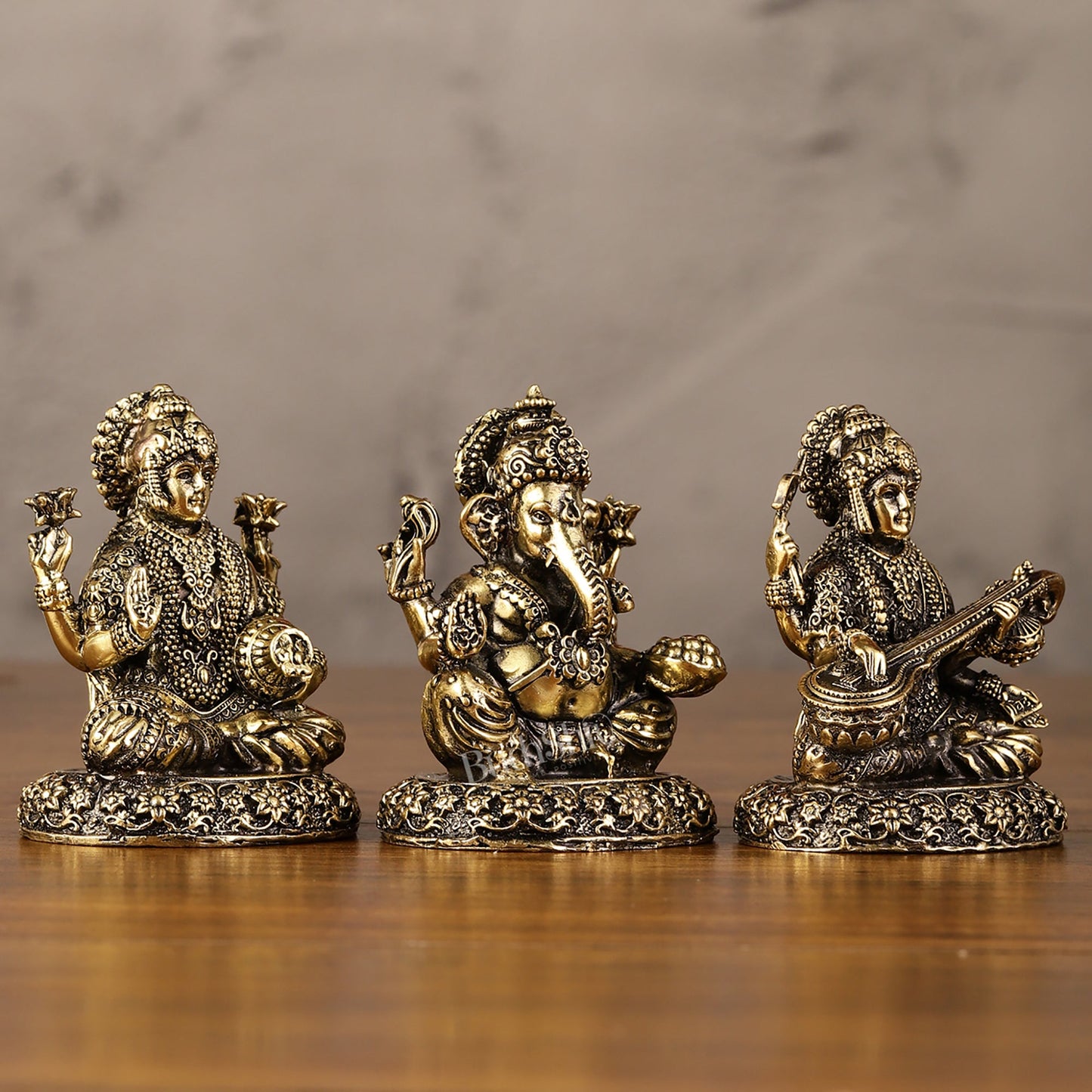 Brass Superfine Lightweight Intricate Ganesh Lakshmi Saraswati Idols - 3" - Budhshiv.com