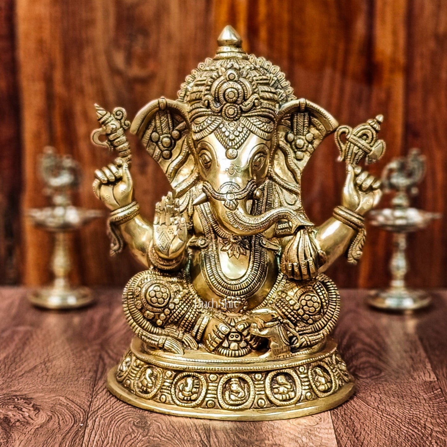 Brass Superfine Lord Ganesha Idol with Ashtavinayaka Engravings | Handcrafted Brass Statue - Budhshiv.com