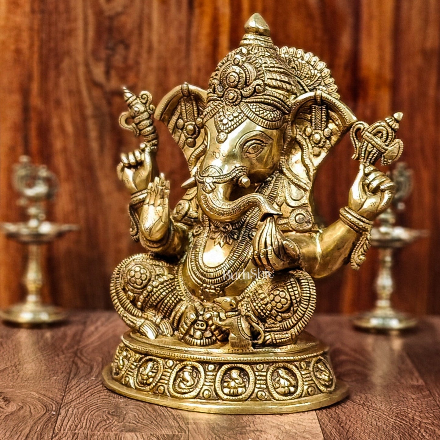 Brass Superfine Lord Ganesha Idol with Ashtavinayaka Engravings | Handcrafted Brass Statue - Budhshiv.com