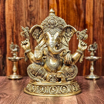 Brass Superfine Lord Ganesha Idol with Ashtavinayaka Engravings | Handcrafted Brass Statue - Budhshiv.com