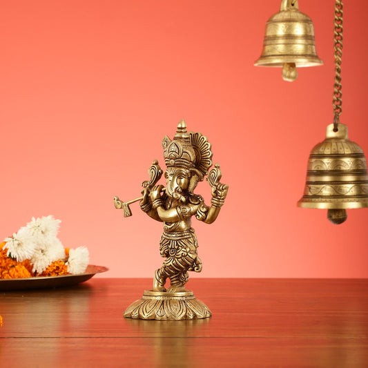 Brass Superfine Lord Ganesha Playing Flute Idol - 7 Inch - Budhshiv.com