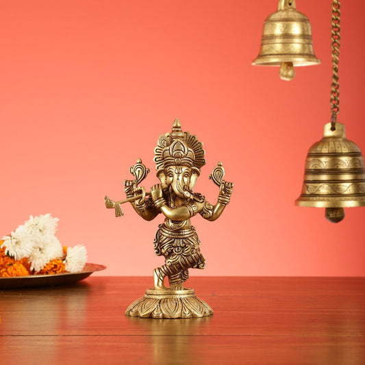 Brass Superfine Lord Ganesha Playing Flute Idol - 7 Inch - Budhshiv.com