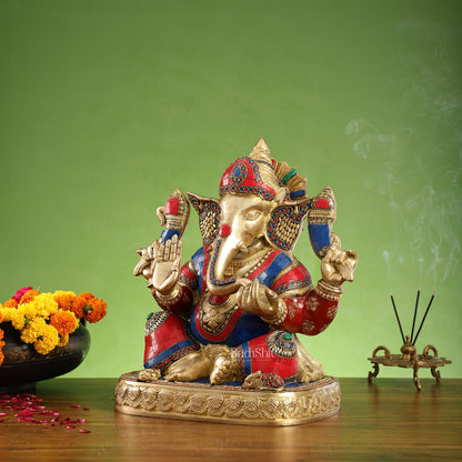 Brass Superfine Lord Ganesha Statue with Attached Pedestal - 15 inch with stonework - Budhshiv.com