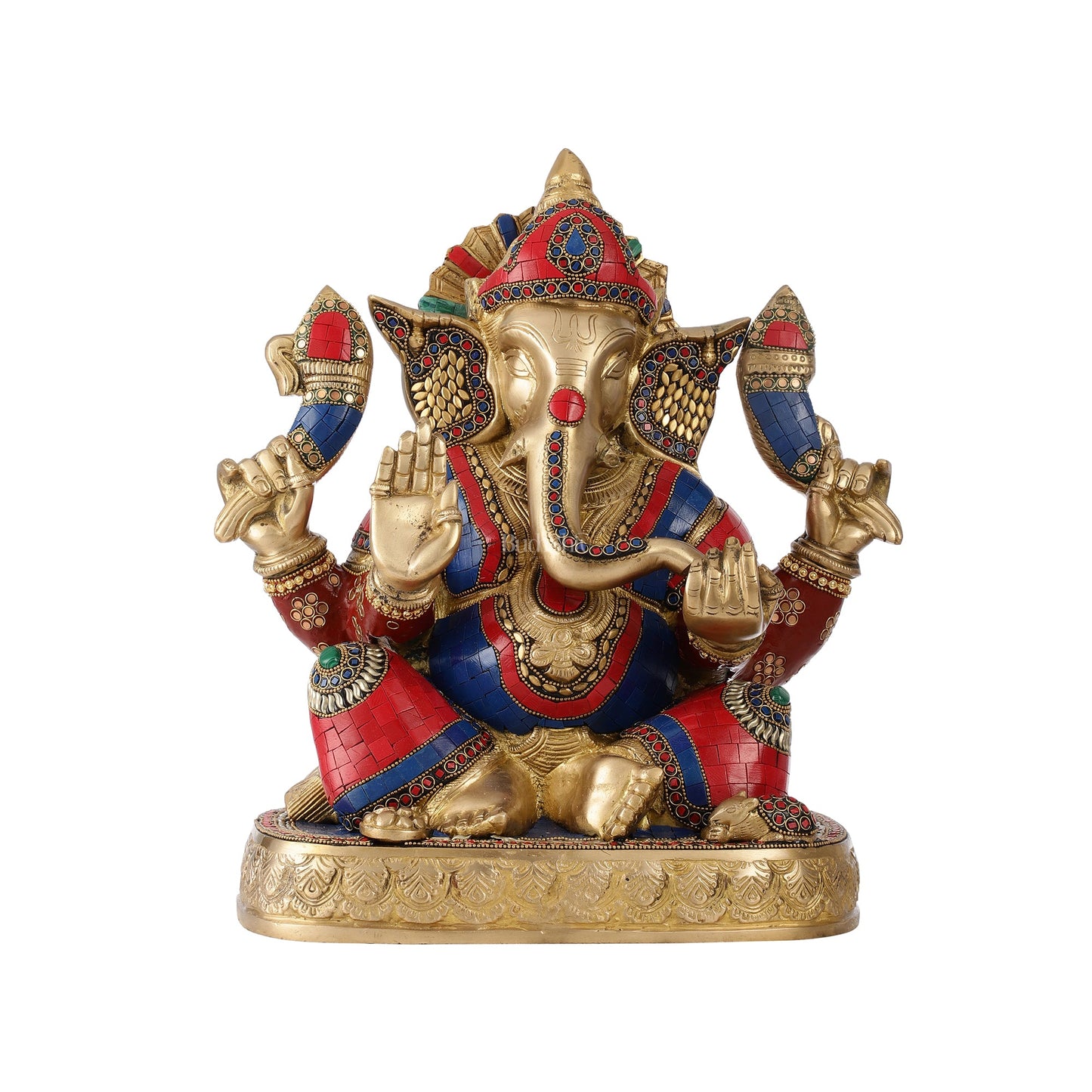 Brass Superfine Lord Ganesha Statue with Attached Pedestal - 15 inch with stonework - Budhshiv.com