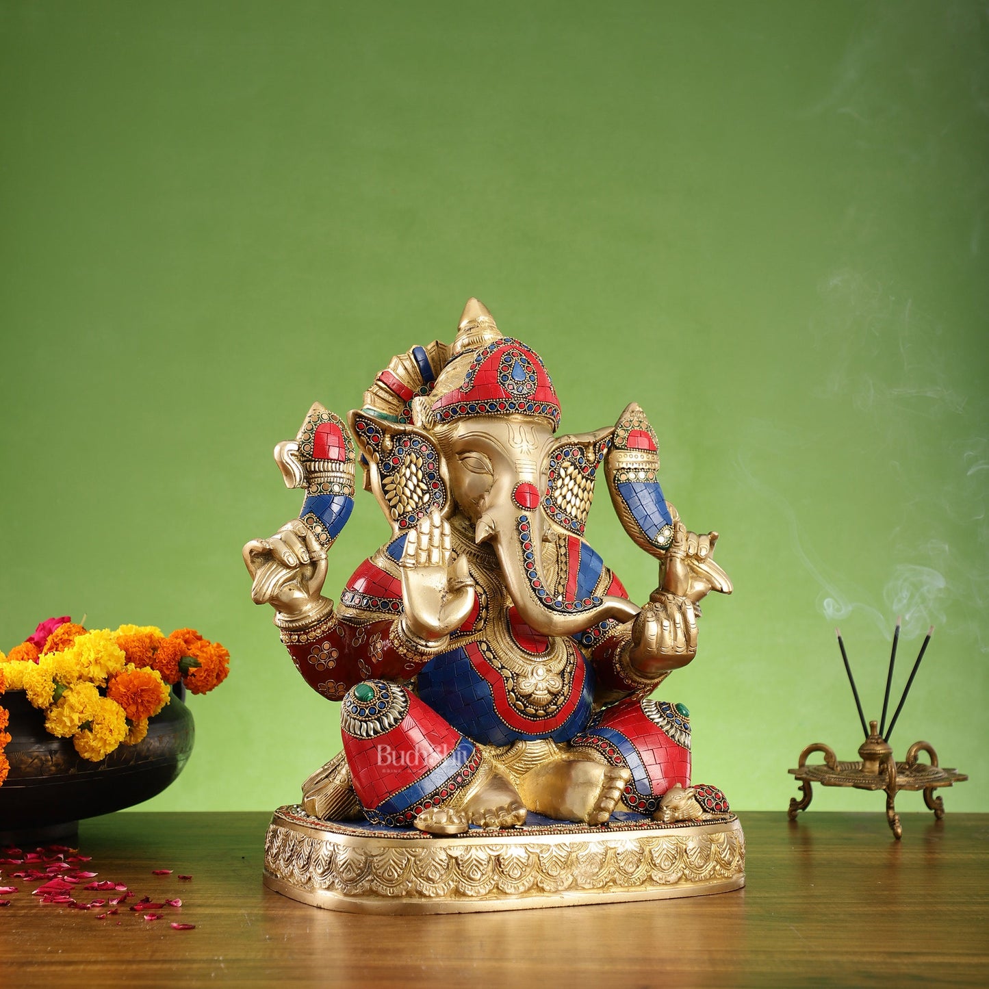 Brass Superfine Lord Ganesha Statue with Attached Pedestal - 15 inch with stonework - Budhshiv.com