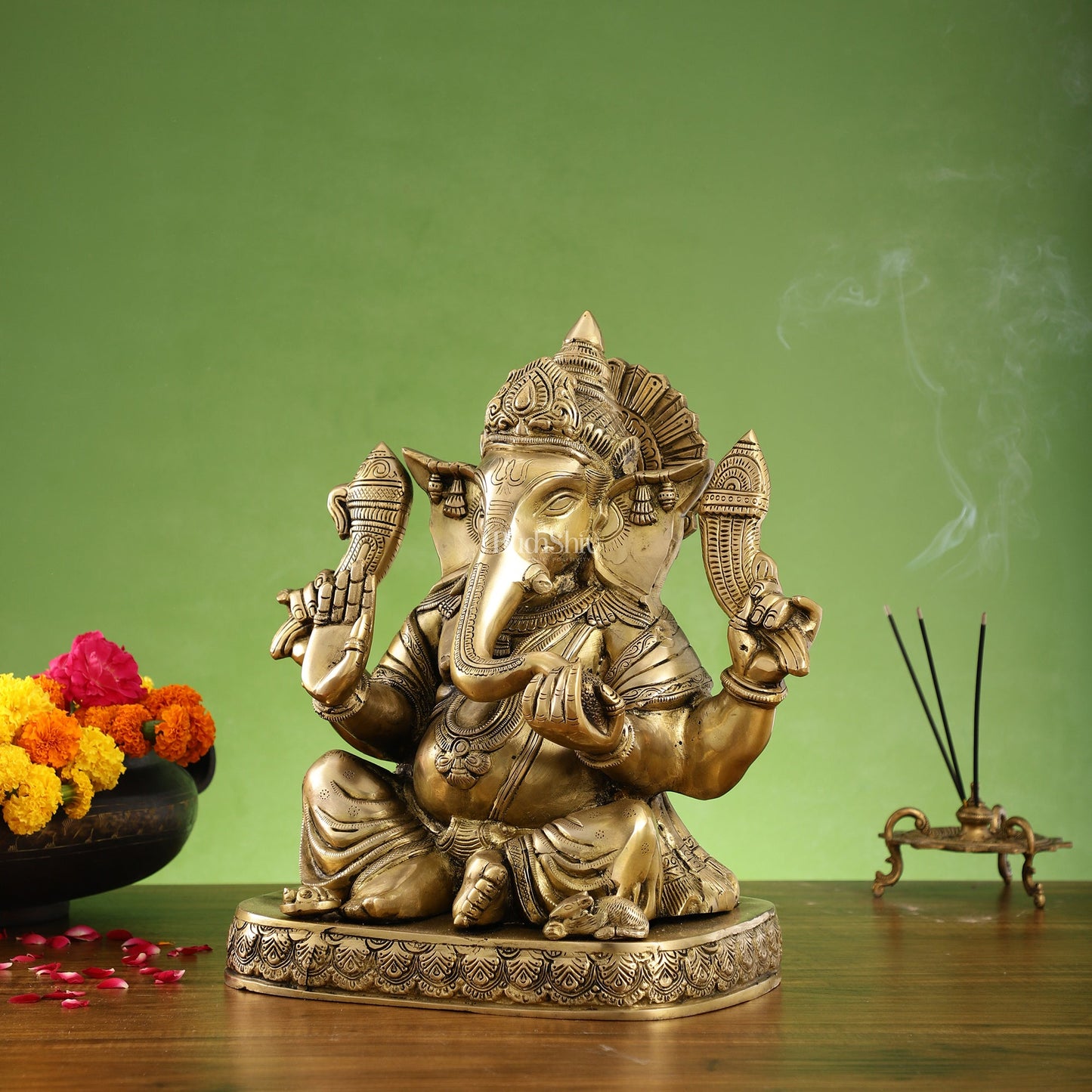 Brass Superfine Lord Ganesha Statue with Attached Pedestal - 15 inch - Budhshiv.com