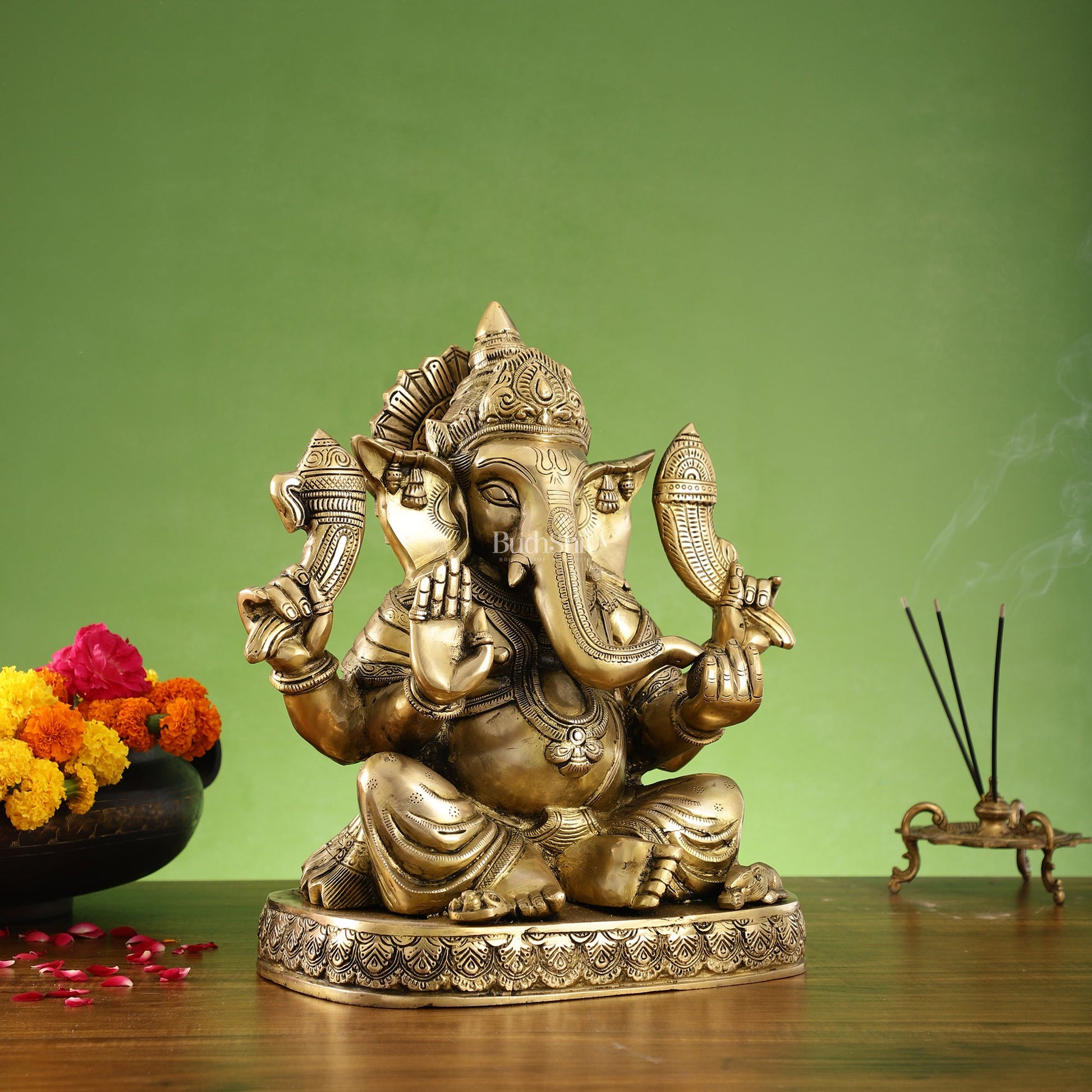 Brass Superfine Lord Ganesha Statue with Attached Pedestal - 15 inch - Budhshiv.com