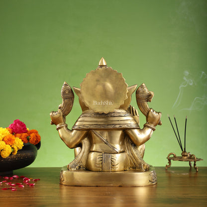 Brass Superfine Lord Ganesha Statue with Attached Pedestal - 15 inch - Budhshiv.com