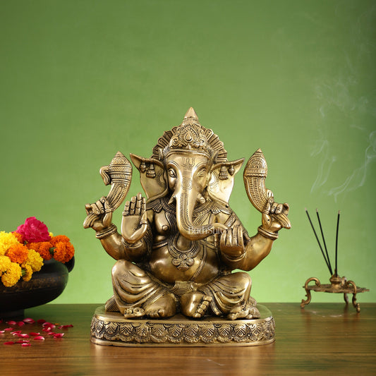 Brass Superfine Lord Ganesha Statue with Attached Pedestal - 15 inch - Budhshiv.com