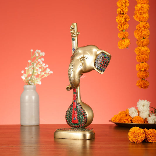 Brass Superfine Lord Ganesha with Sitar/Veena Table Accent Showpiece - 12 Inch - Budhshiv.com