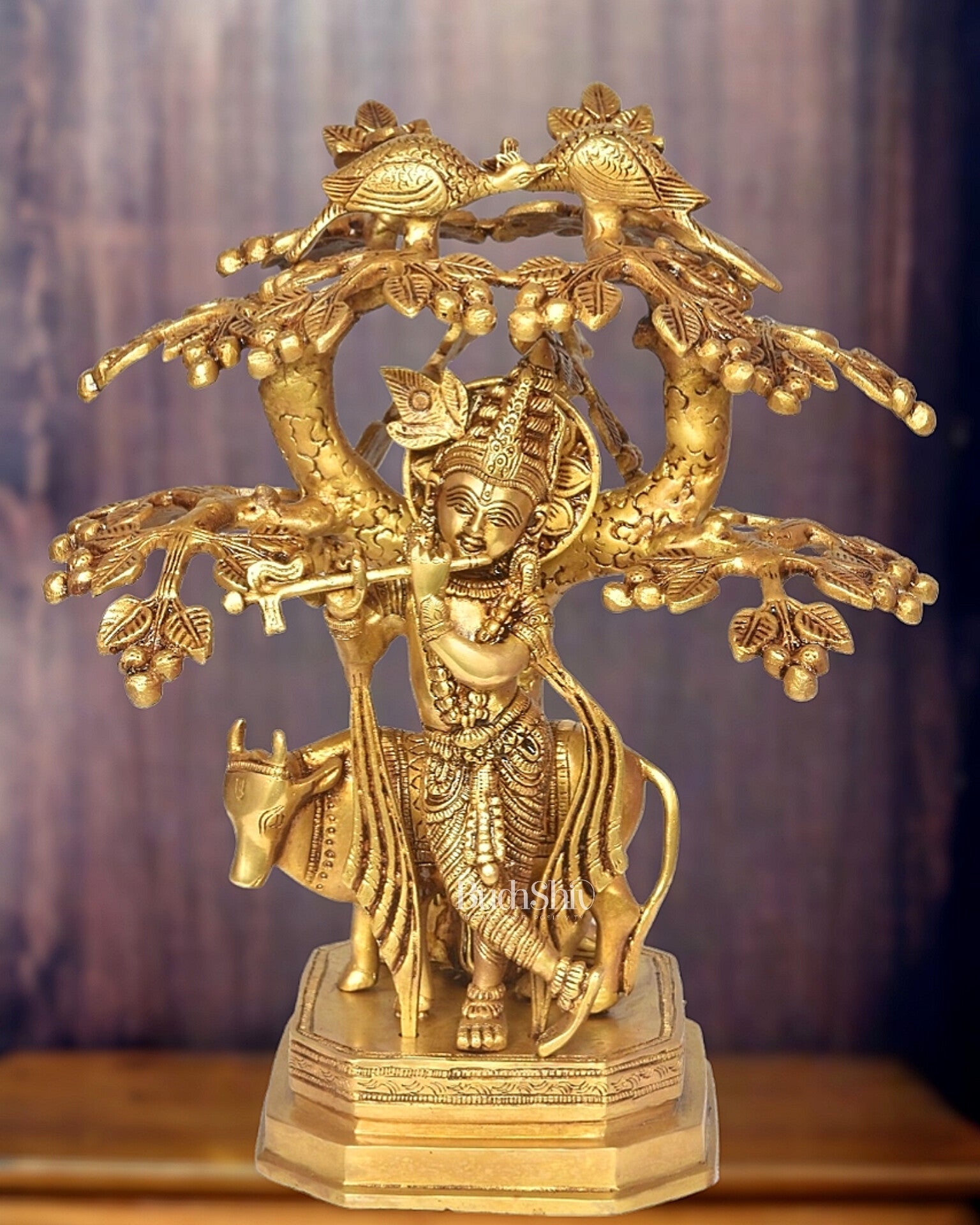 Brass superfine Lord Krishna with cow and tree idol 13 inch - Budhshiv.com