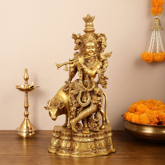 Brass Superfine Lord Krishna with Cow Idol - 22 Inch - Budhshiv.com