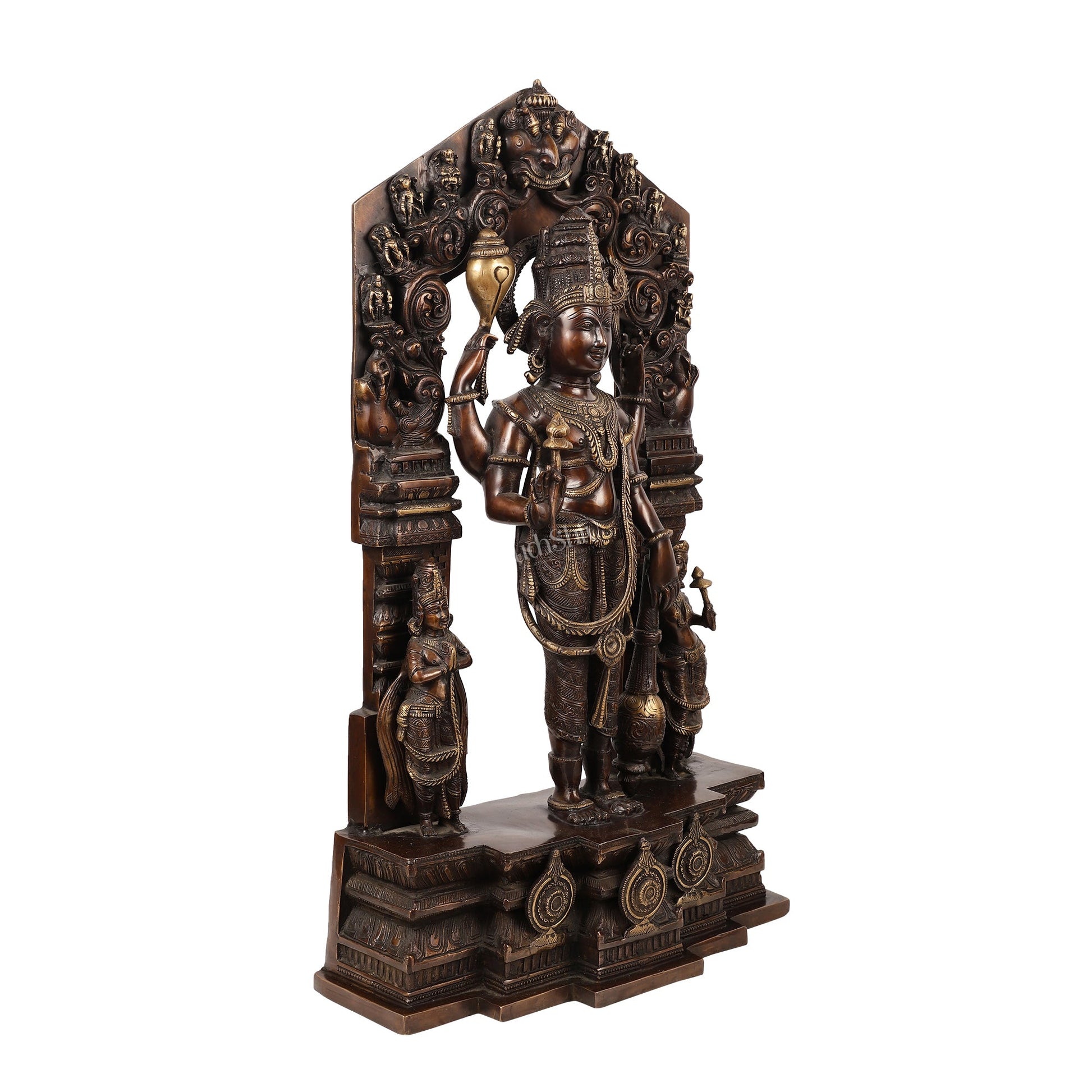 Brass Superfine Lord Vishnu Statue with Frame and Bhudevi Sridevi - 29 Inch - Budhshiv.com