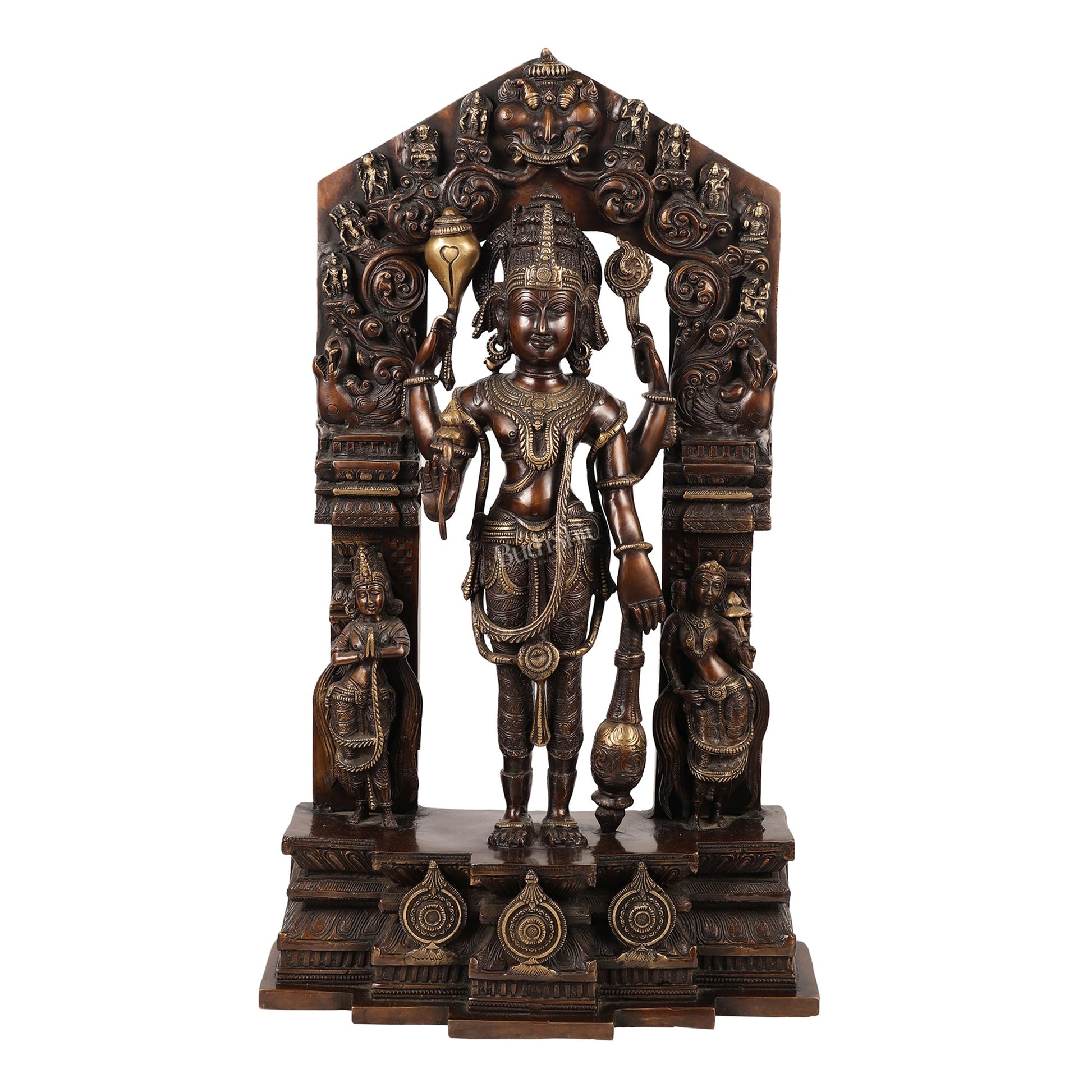 Brass Superfine Lord Vishnu Statue with Frame and Bhudevi Sridevi - 29 Inch - Budhshiv.com