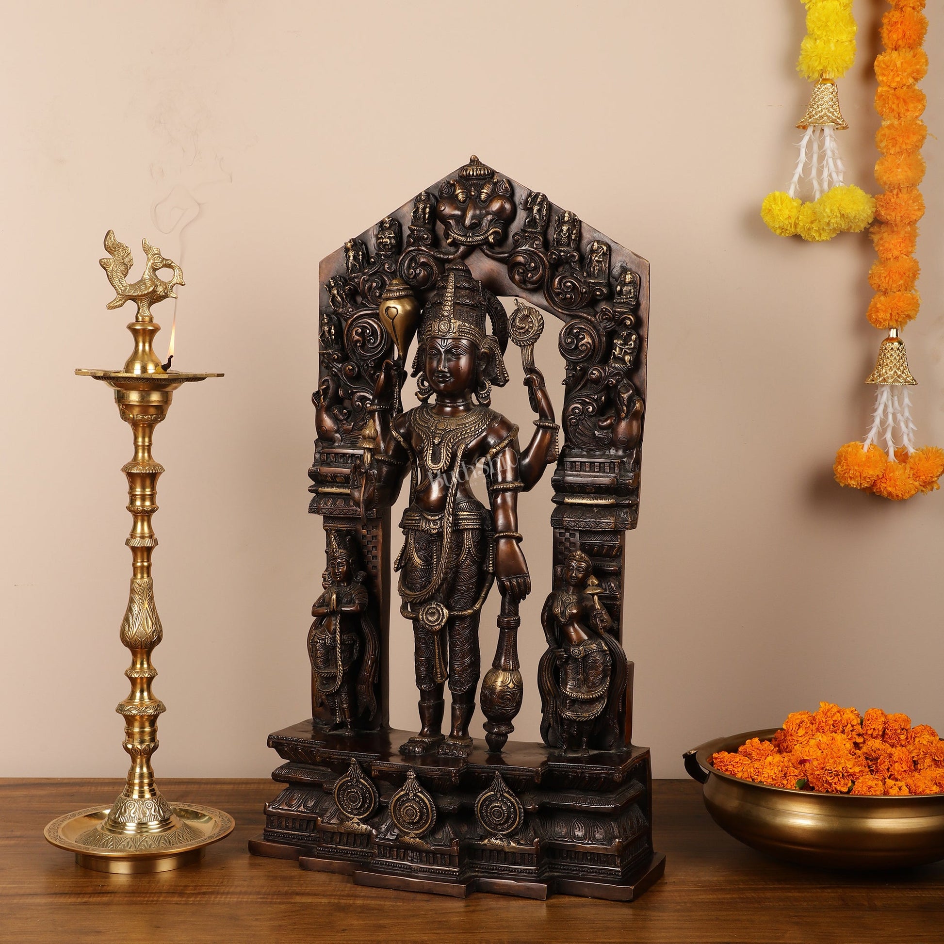 Brass Superfine Lord Vishnu Statue with Frame and Bhudevi Sridevi - 29 Inch - Budhshiv.com