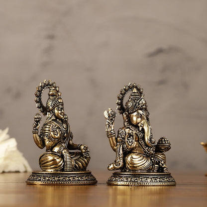 Brass Superfine Miniature Ganesha Lakshmi Duo Lightweight Idols - 3.5" | - Budhshiv.com