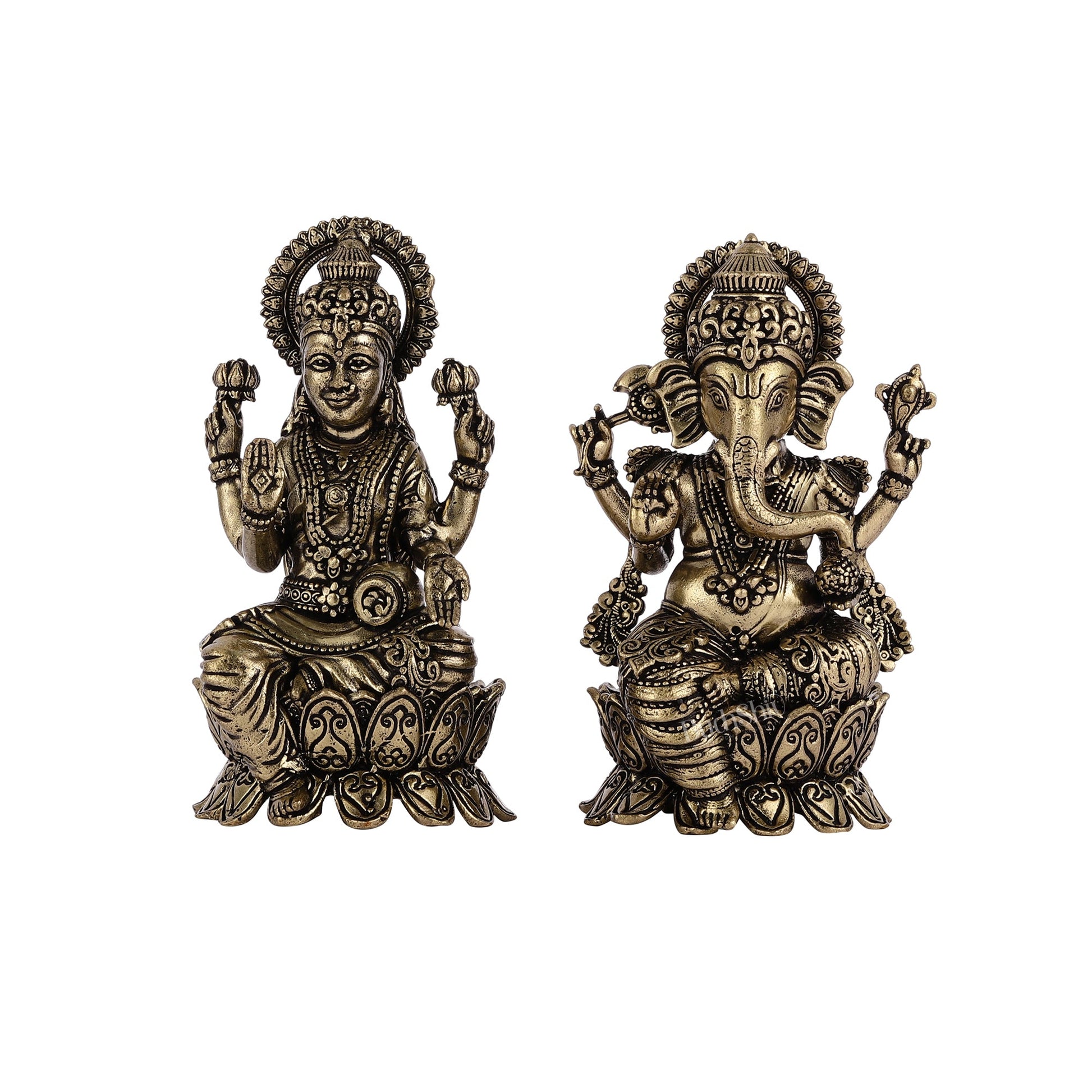 Brass Superfine Miniature Ganesha Lakshmi Duo Lightweight Idols - 4.5" - Budhshiv.com