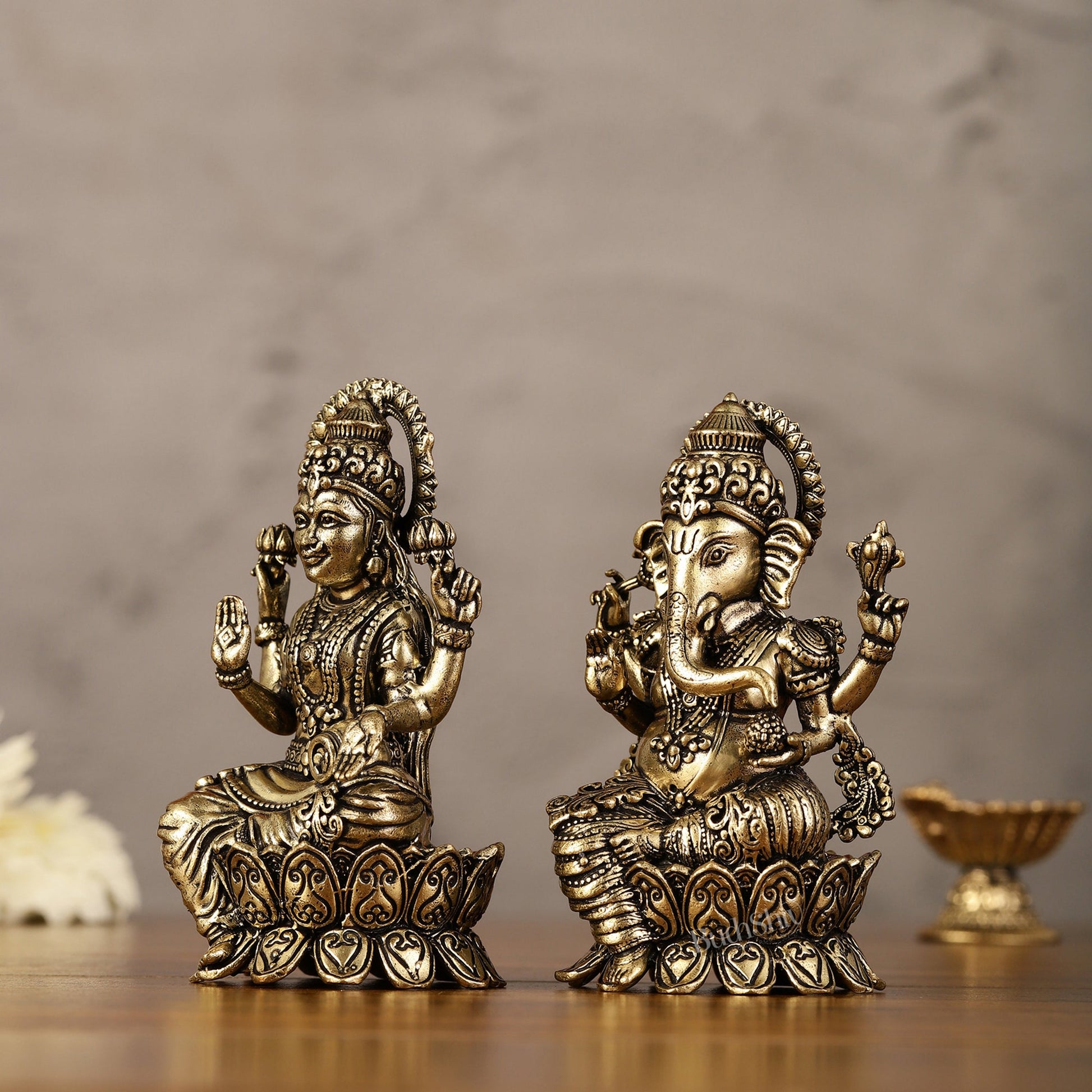 Brass Superfine Miniature Ganesha Lakshmi Duo Lightweight Idols - 4.5" - Budhshiv.com