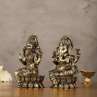 Brass Superfine Miniature Ganesha Lakshmi Duo Lightweight Idols - 4.5" - Budhshiv.com