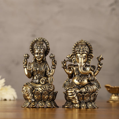 Brass Superfine Miniature Ganesha Lakshmi Duo Lightweight Idols - 4.5" - Budhshiv.com