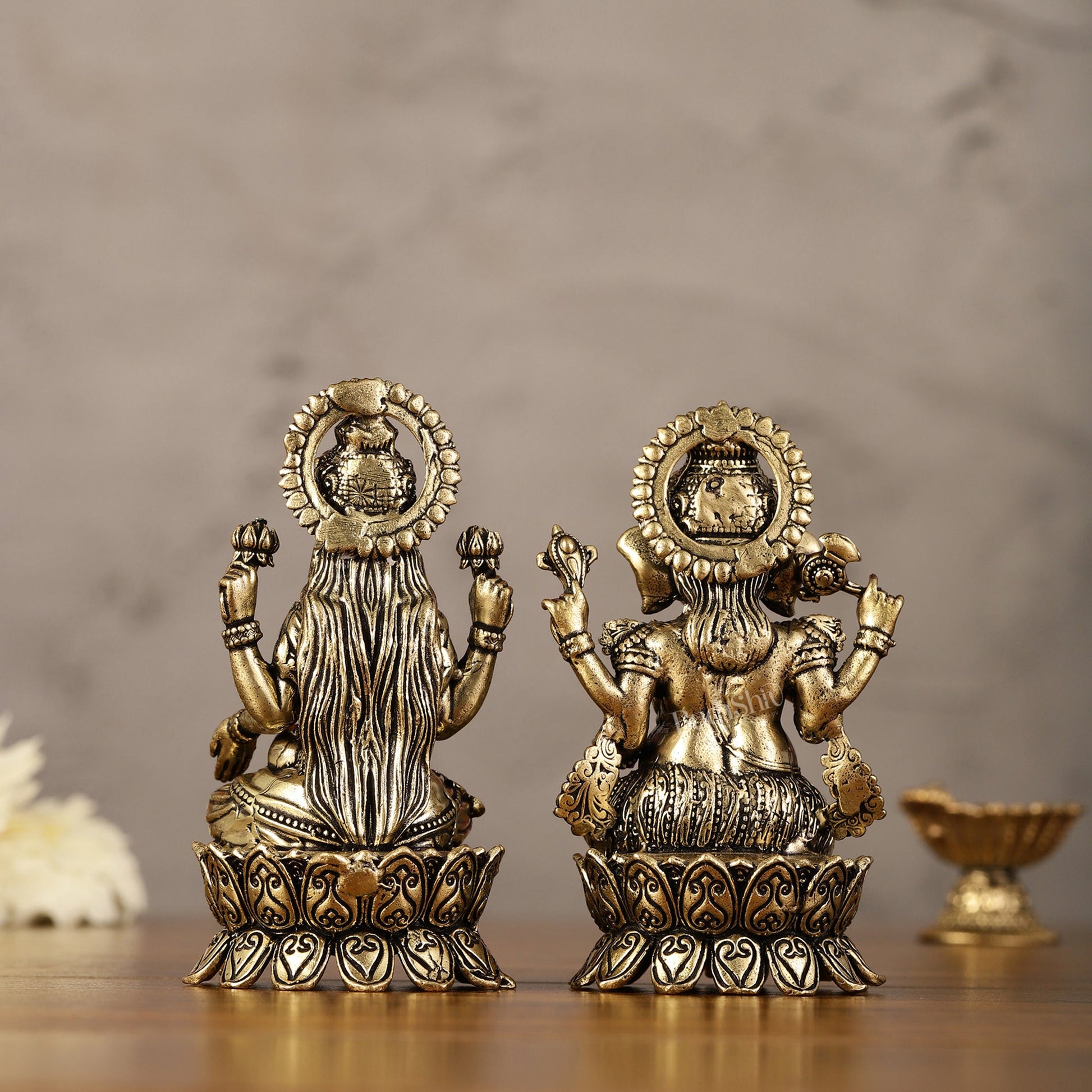 Brass Superfine Miniature Ganesha Lakshmi Duo Lightweight Idols - 4.5" - Budhshiv.com