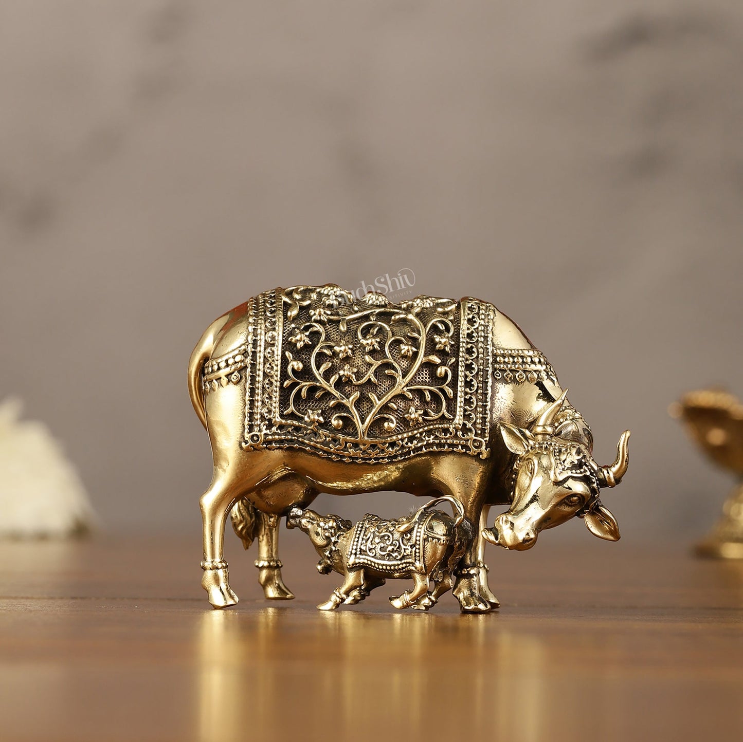 Brass Superfine Miniature Kamdhenu Cow with Calf - 3" - Budhshiv.com