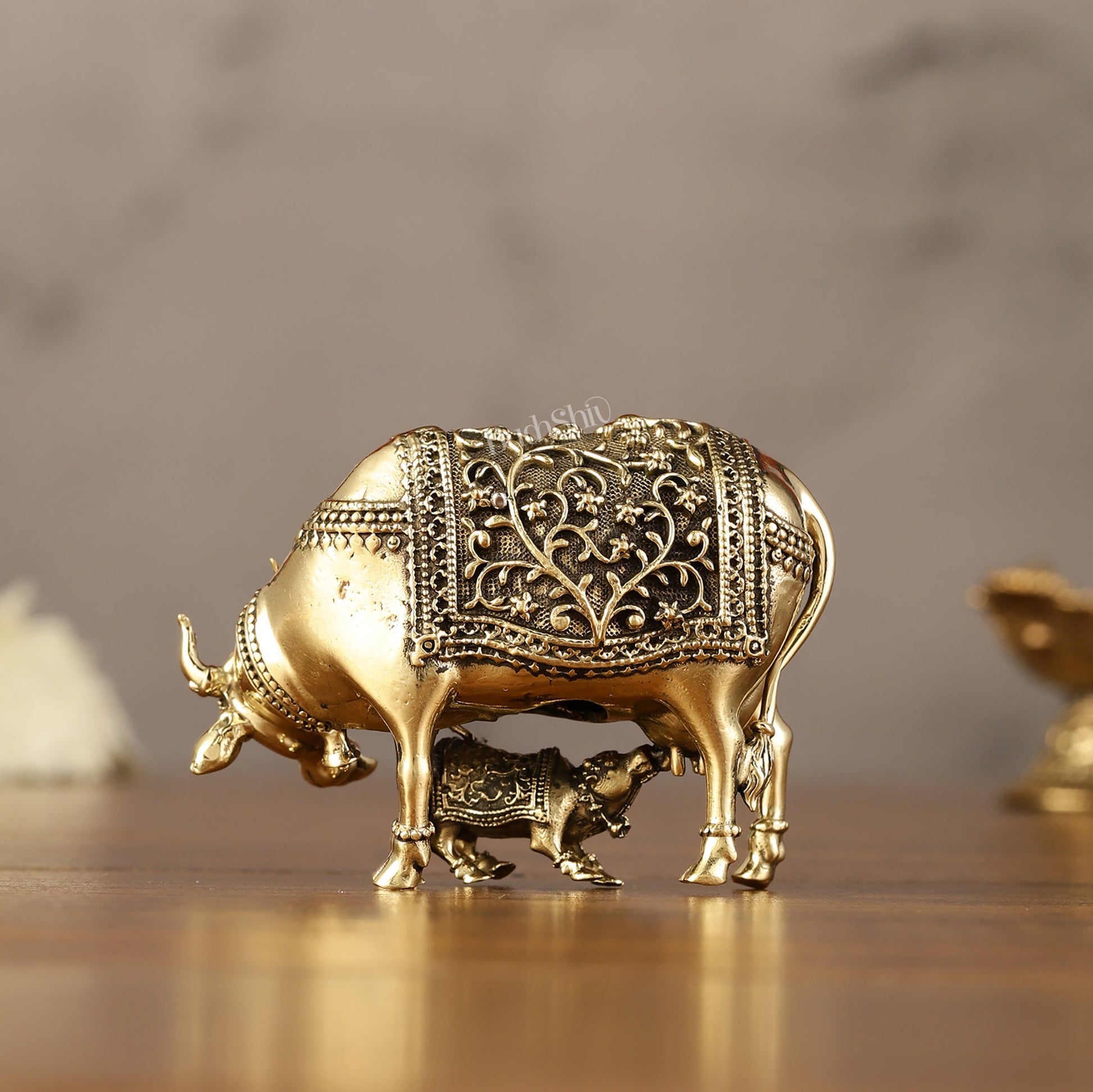 Brass Superfine Miniature Kamdhenu Cow with Calf - 3" - Budhshiv.com