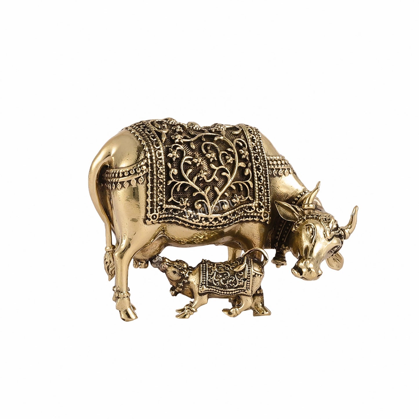 Brass Superfine Miniature Kamdhenu Cow with Calf - 3" - Budhshiv.com