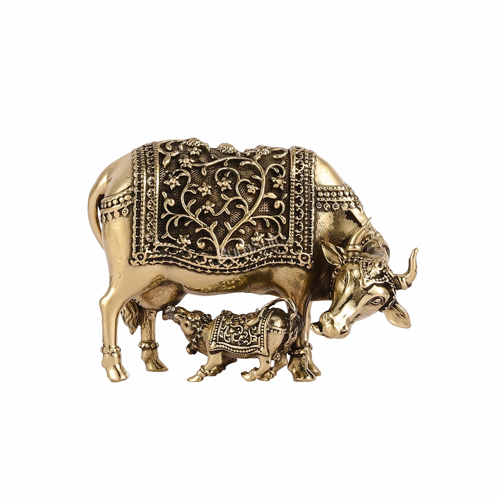 Brass Superfine Miniature Kamdhenu Cow with Calf - 3" - Budhshiv.com