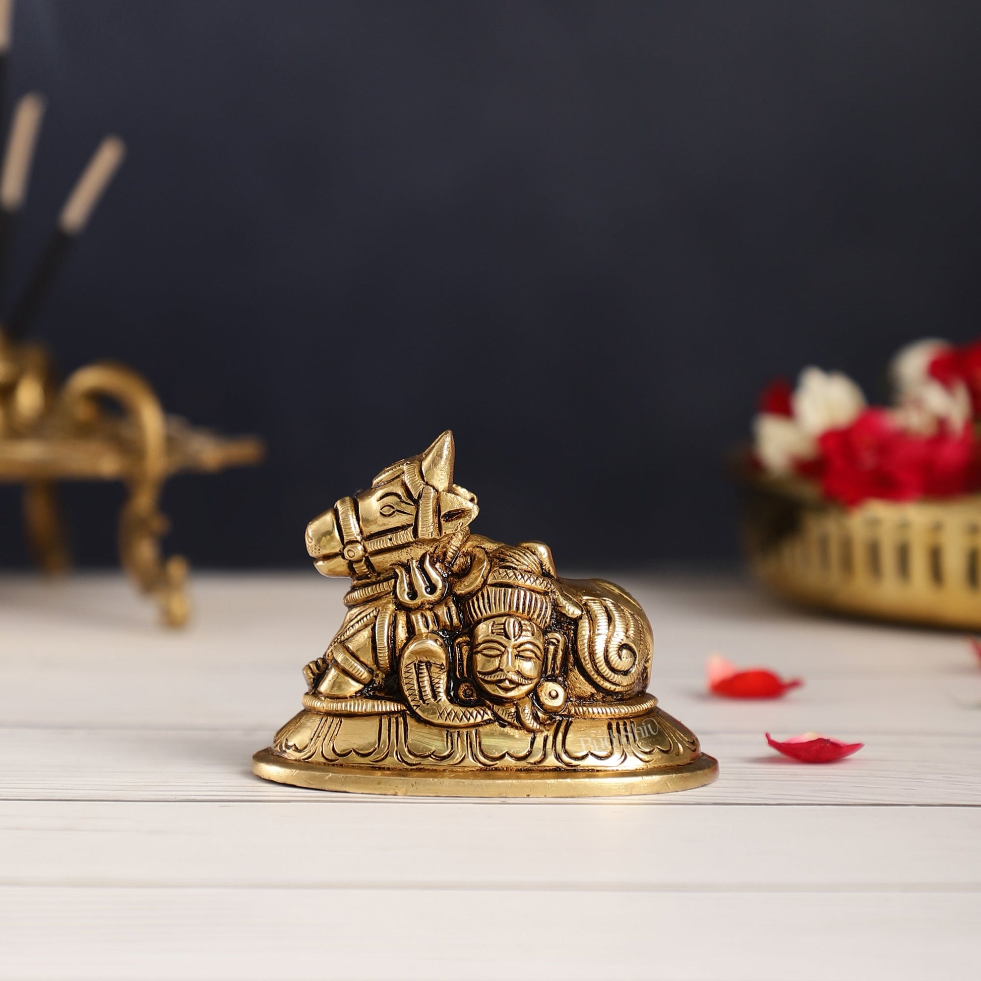 Brass Superfine Nandi Bull Idol | Shiv Gauri Carvings 3.5 inch - Budhshiv.com