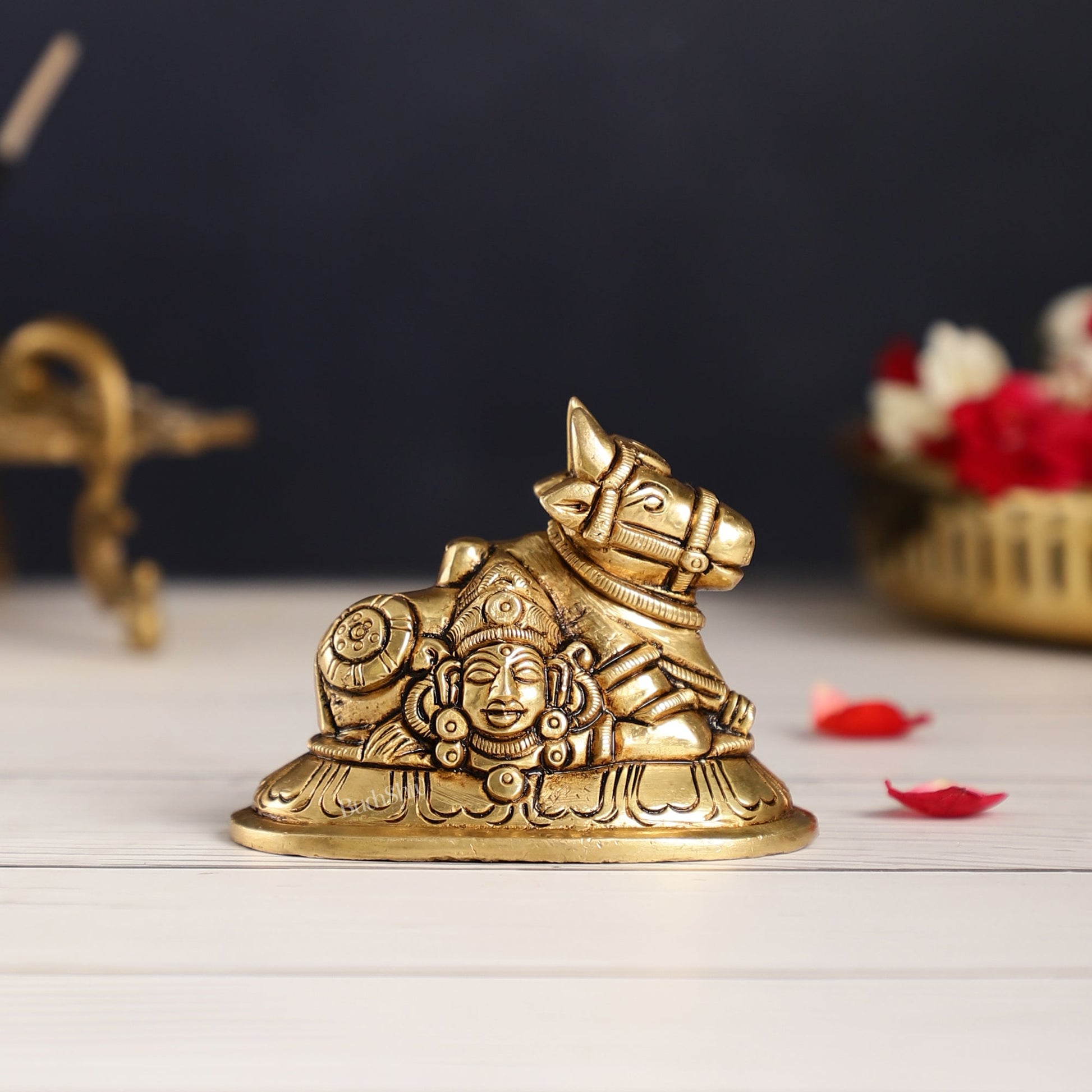 Brass Superfine Nandi Bull Idol | Shiv Gauri Carvings 3.5 inch - Budhshiv.com