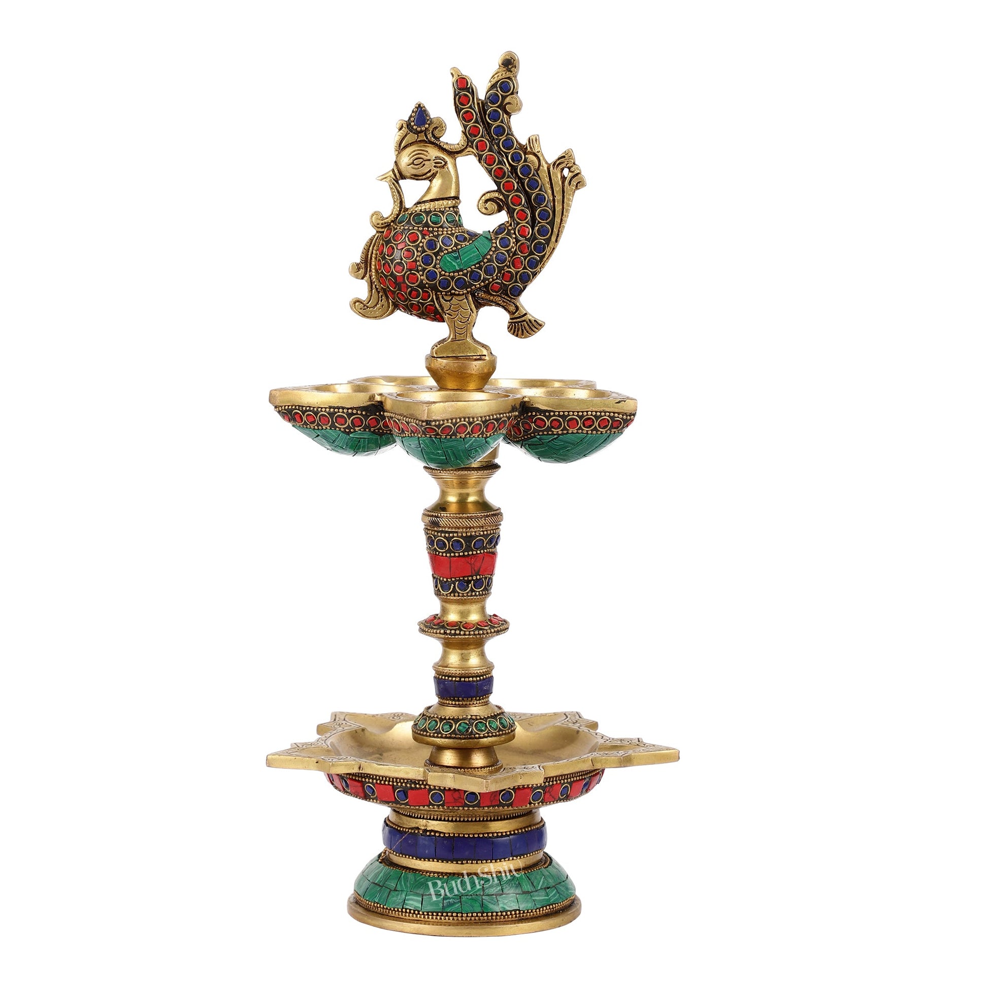 Brass superfine peacock lamp 15" with stonework - Budhshiv.com