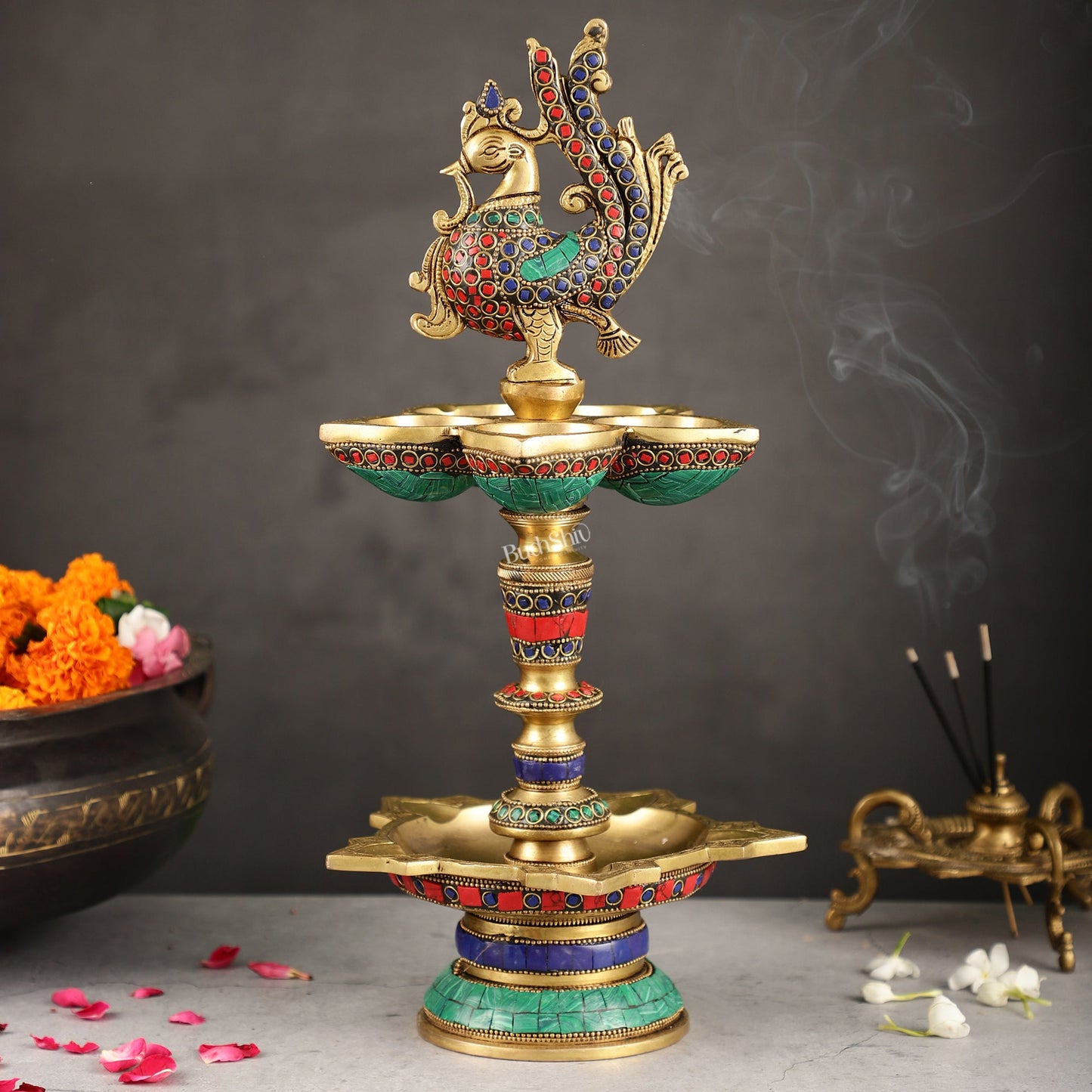 Brass superfine peacock lamp 15" with stonework - Budhshiv.com