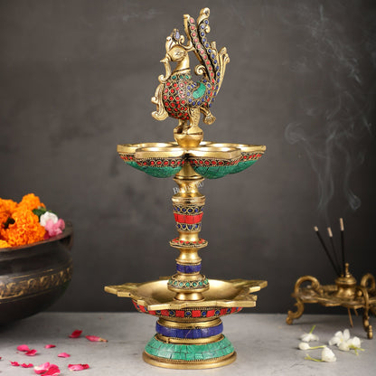 Brass superfine peacock lamp 15" with stonework - Budhshiv.com