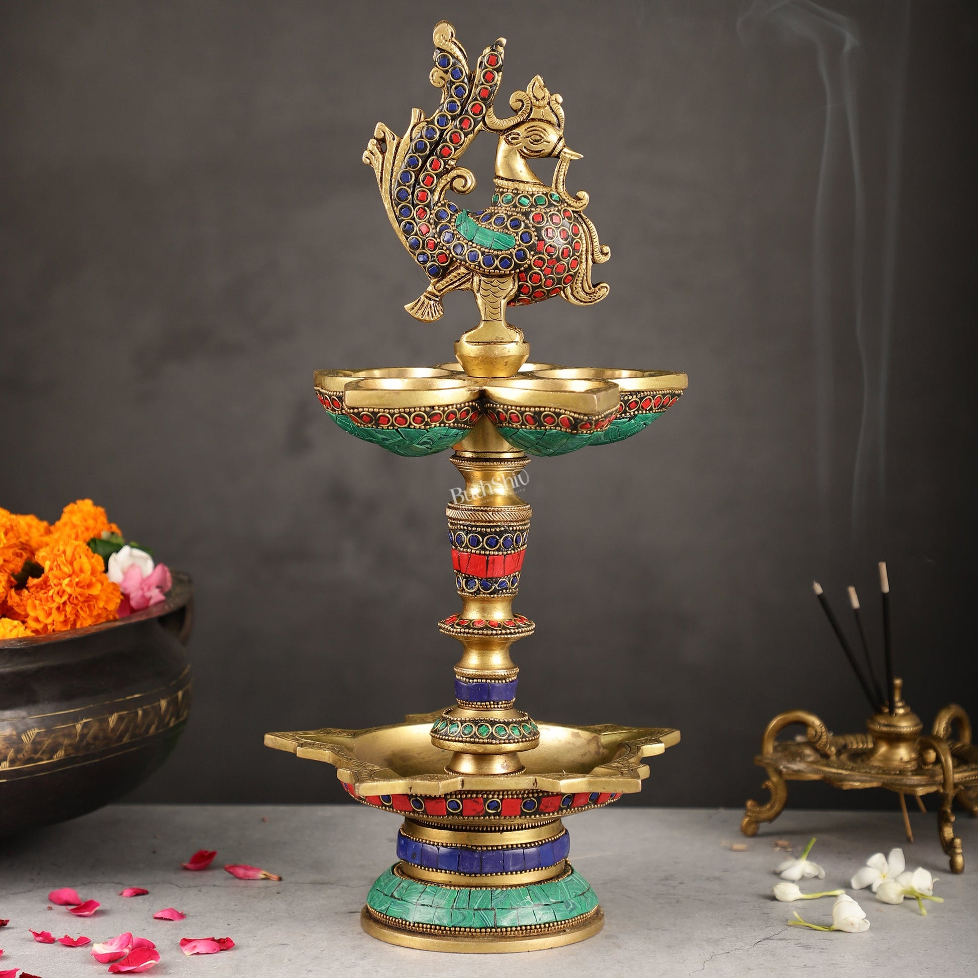 Brass superfine peacock lamp 15" with stonework - Budhshiv.com