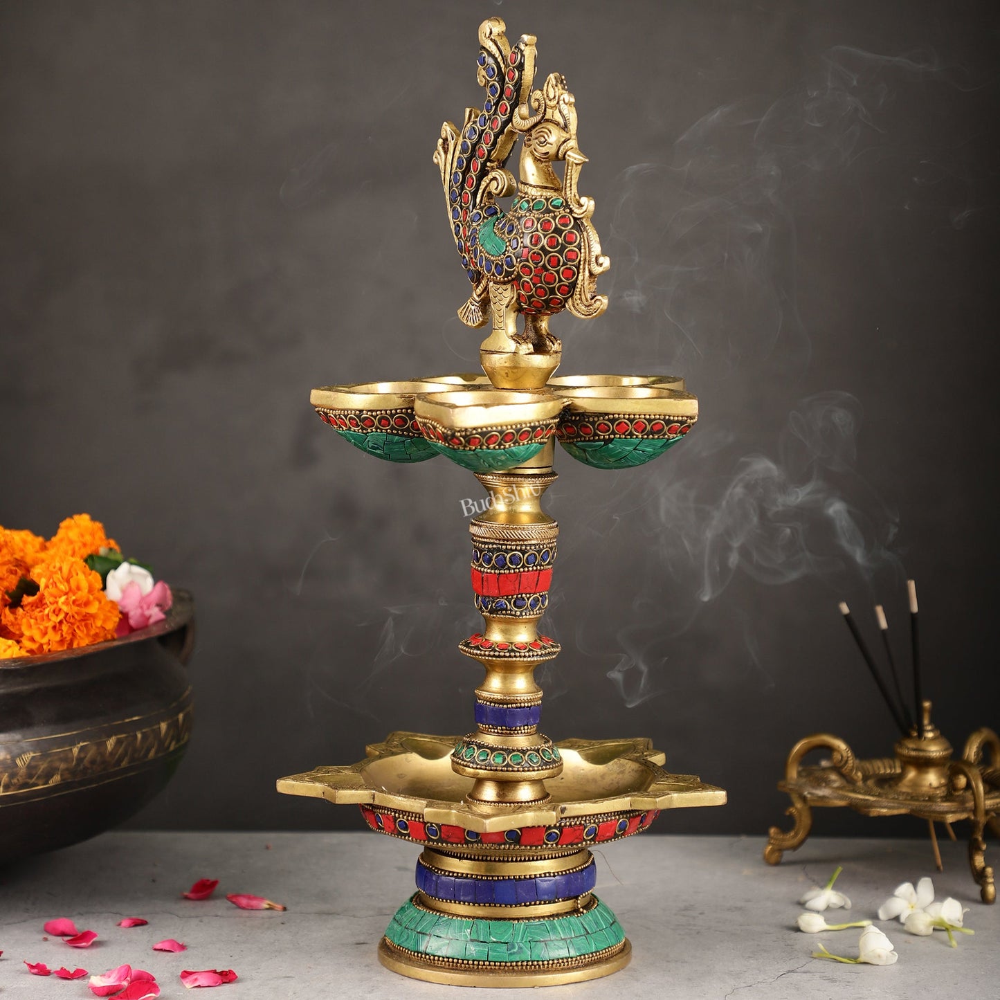 Brass superfine peacock lamp 15" with stonework - Budhshiv.com