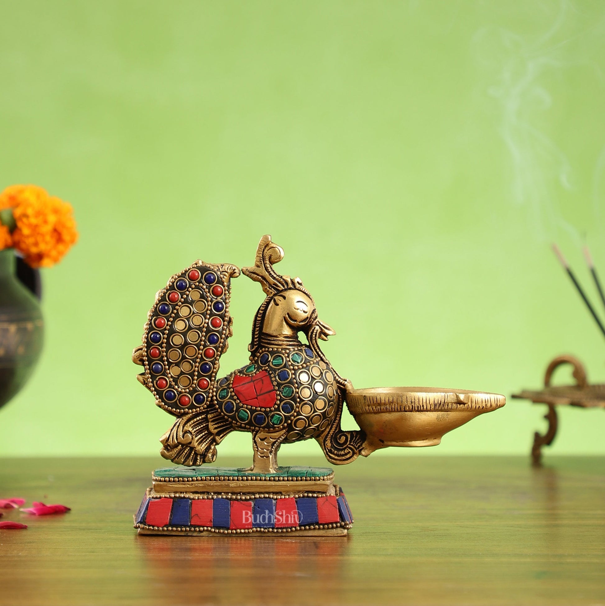 Brass superfine peacock/annam pakshi diya 5" - Budhshiv.com