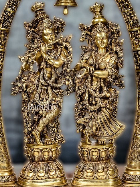 Brass Superfine Radha Krishna Idols with Engraved Pillars 45 inch - Budhshiv.com