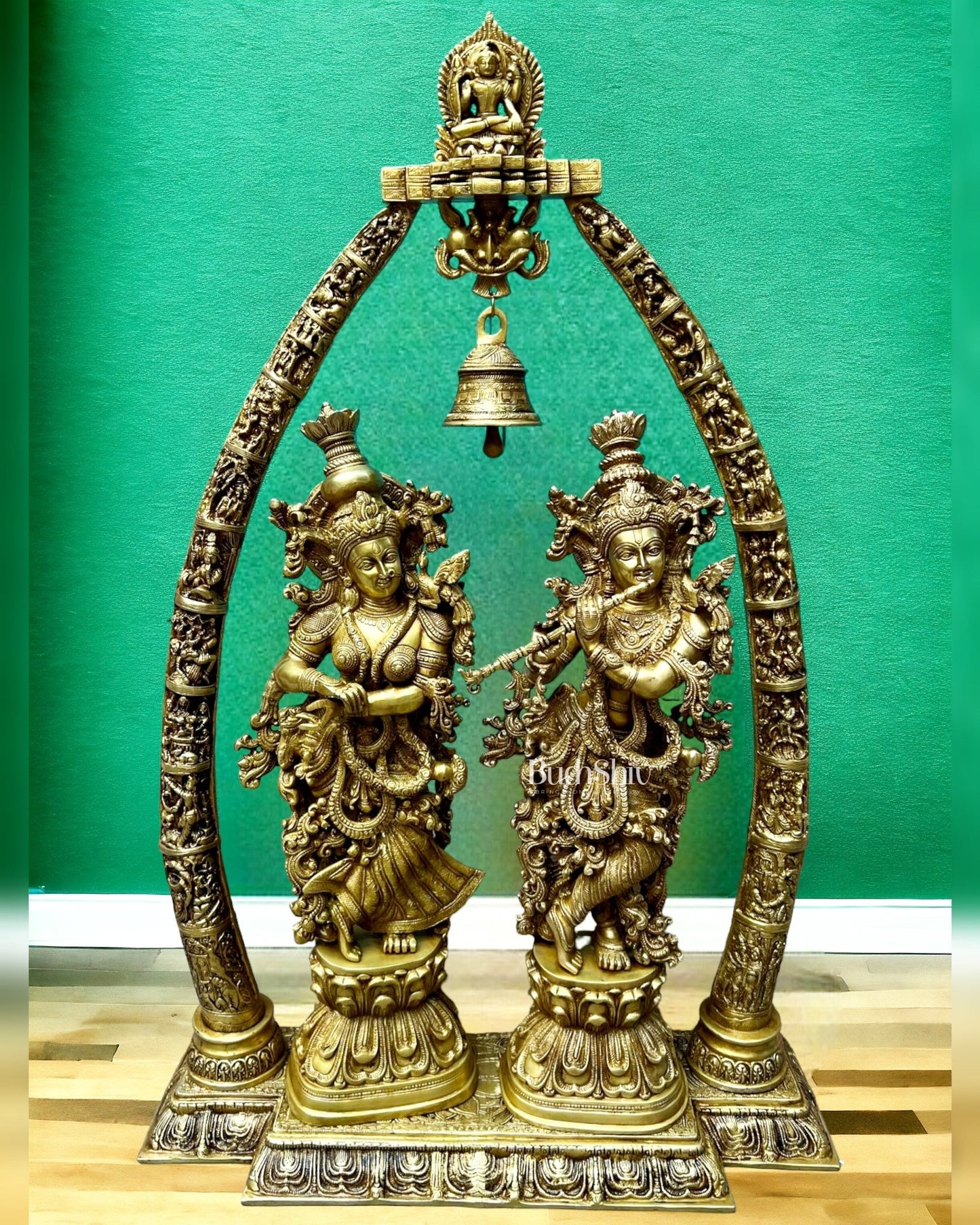 Brass Superfine Radha Krishna Idols with Engraved Pillars 45 inch - Budhshiv.com