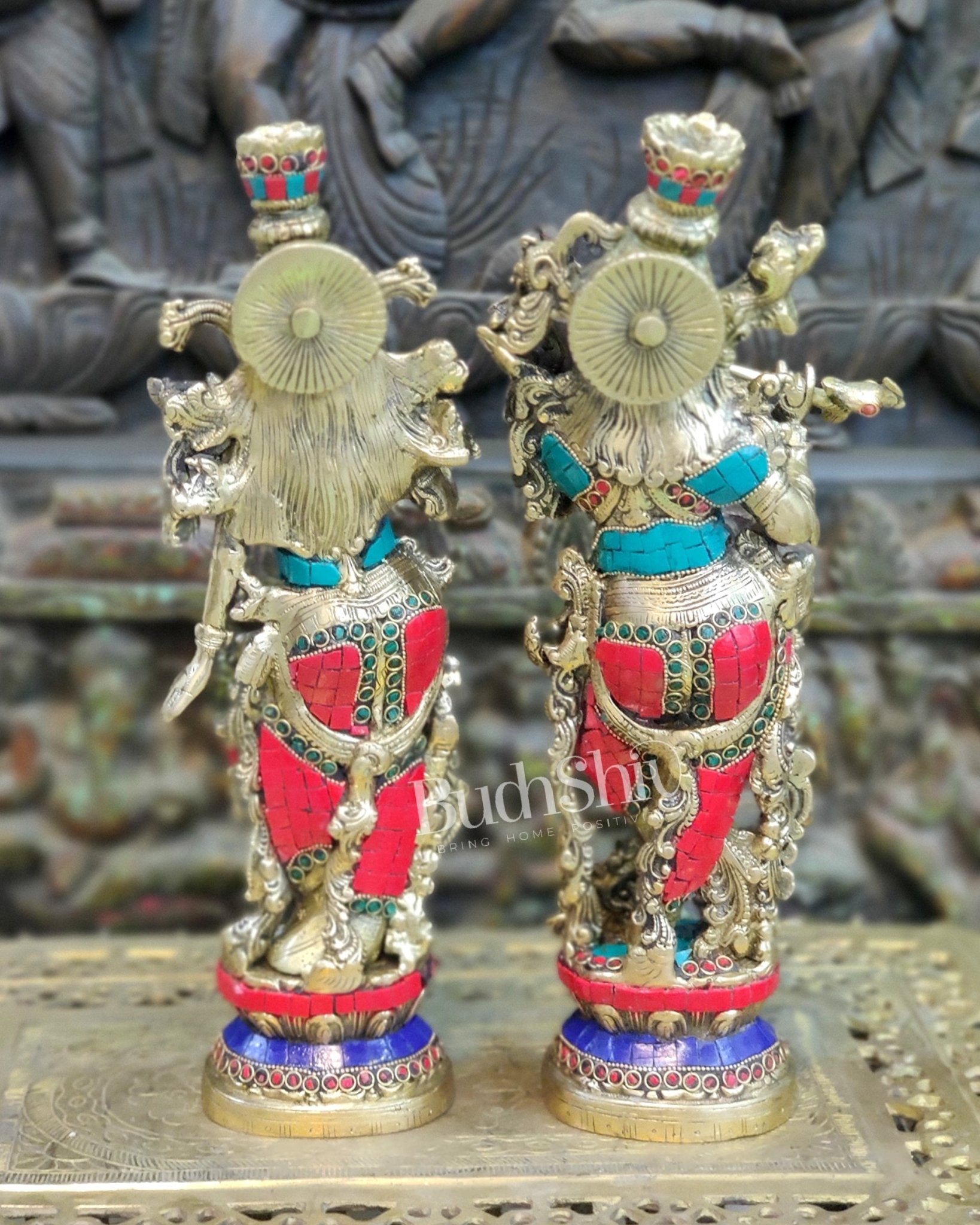 Brass Superfine Radha Krishna Statues 14" with stonework - Budhshiv.com