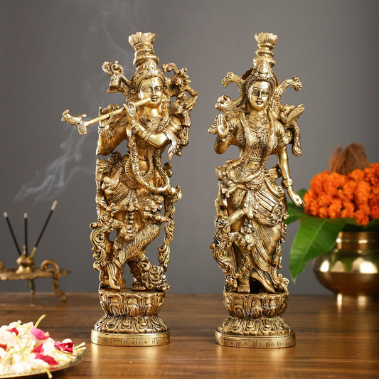 Brass Superfine Radha Krishna Statues - Finely Carved with Sharp Features 14 inch - Budhshiv.com